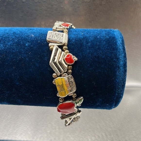 Teachers Beaded Slide Bracelet with Red Apple and Yellow School Bus Charm - Picture 7 of 12
